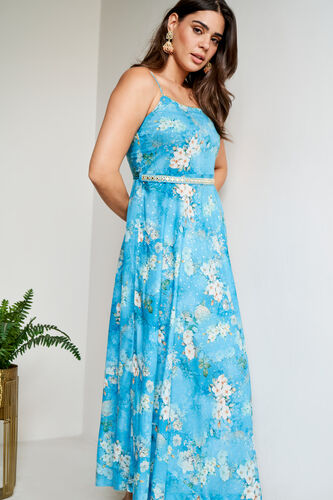 Blue Floral Flared Dress, Blue, image 3